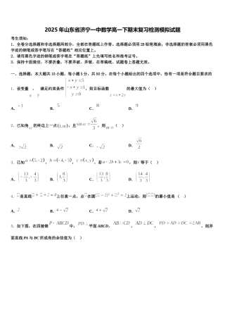 2025年山东省济宁一中数学高一下期末复习检测模拟试题含解析