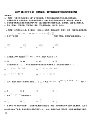 2025届山东省乐陵一中数学高一第二学期期末综合测试模拟试题含解析