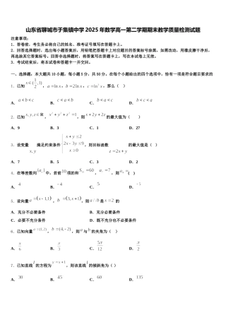 山东省聊城市于集镇中学2025年数学高一第二学期期末教学质量检测试题含解析