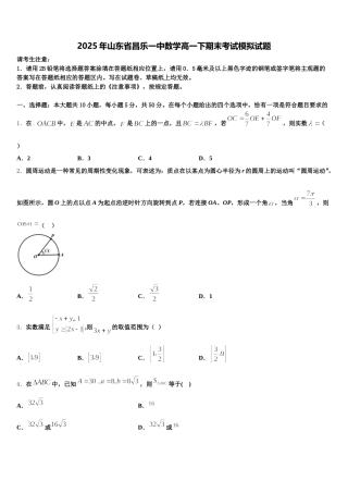 2025年山东省昌乐一中数学高一下期末考试模拟试题含解析