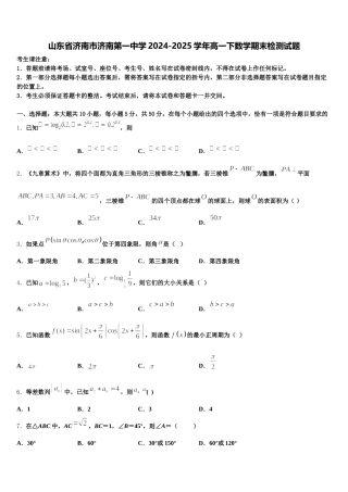 山东省济南市济南第一中学2024-2025学年高一下数学期末检测试题含解析