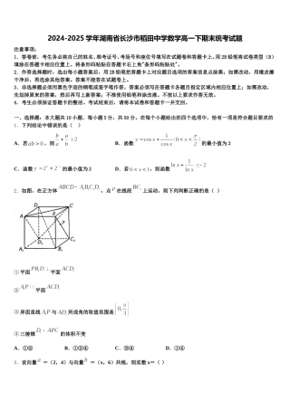 2024-2025学年湖南省长沙市稻田中学数学高一下期末统考试题含解析