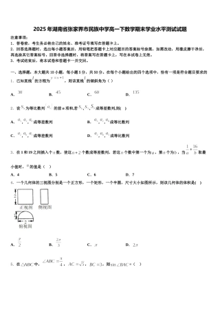 2025年湖南省张家界市民族中学高一下数学期末学业水平测试试题含解析