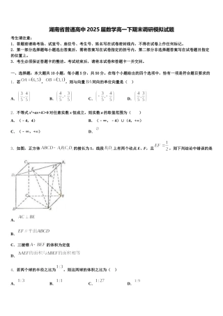 湖南省普通高中2025届数学高一下期末调研模拟试题含解析