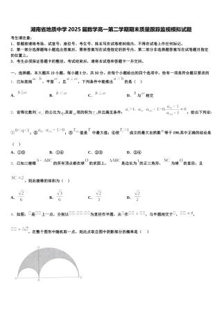 湖南省地质中学2025届数学高一第二学期期末质量跟踪监视模拟试题含解析
