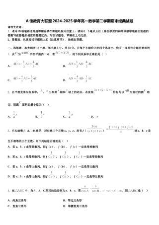 A佳教育大联盟2024-2025学年高一数学第二学期期末经典试题含解析
