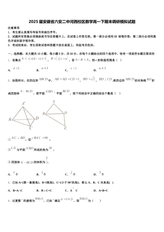 2025届安徽省六安二中河西校区数学高一下期末调研模拟试题含解析