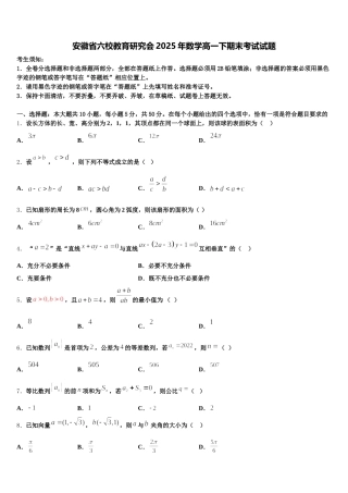 安徽省六校教育研究会2025年数学高一下期末考试试题含解析