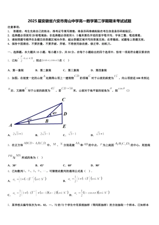 2025届安徽省六安市青山中学高一数学第二学期期末考试试题含解析