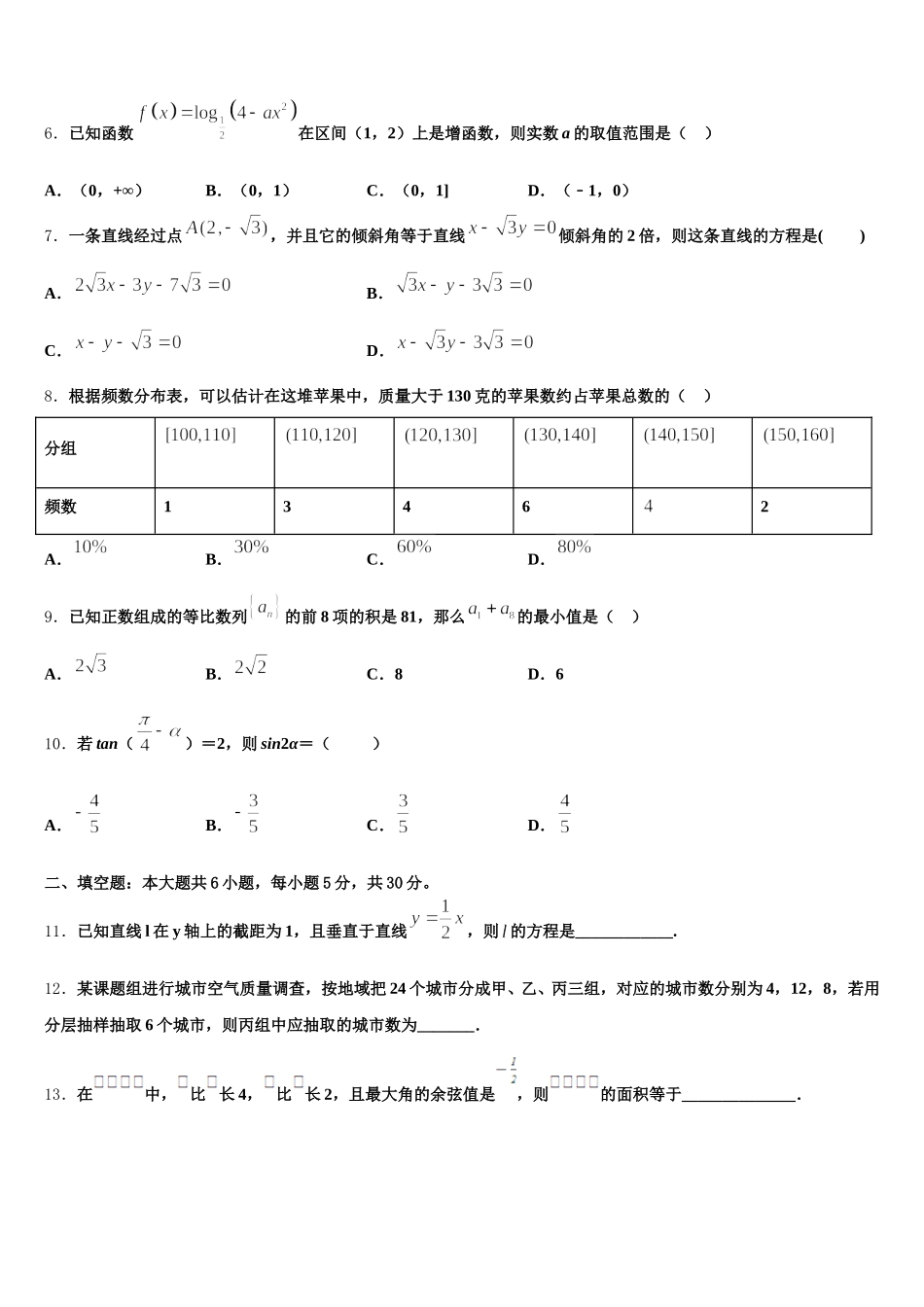 2024-2025学年池州市重点中学高一数学第二学期期末教学质量检测试题含解析_第2页