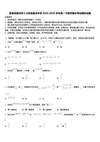 安徽省宿州市十三所省重点中学2024-2025学年高一下数学期末考试模拟试题含解析