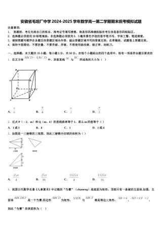 安徽省毛坦厂中学2024-2025学年数学高一第二学期期末统考模拟试题含解析