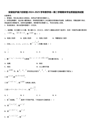 安徽省庐巢六校联盟2024-2025学年数学高一第二学期期末学业质量监测试题含解析