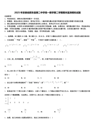 2025年安徽省肥东县第二中学高一数学第二学期期末监测模拟试题含解析