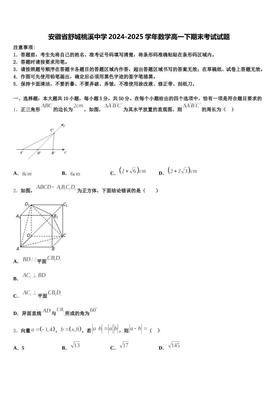 安徽省舒城桃溪中学2024-2025学年数学高一下期末考试试题含解析_第1页