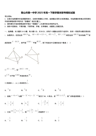 鞍山市第一中学2025年高一下数学期末联考模拟试题含解析
