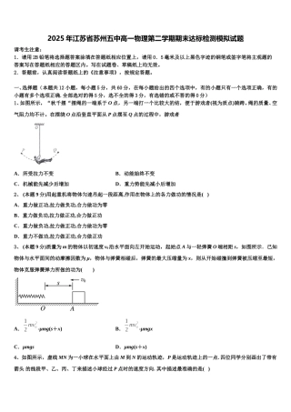2025年江苏省苏州五中高一物理第二学期期末达标检测模拟试题含解析