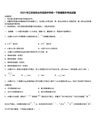 2025年江苏省东台市实验中学高一下物理期末考试试题含解析