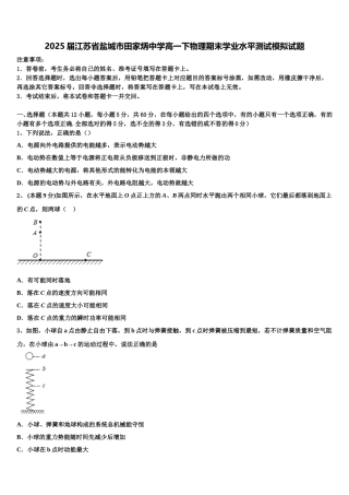 2025届江苏省盐城市田家炳中学高一下物理期末学业水平测试模拟试题含解析