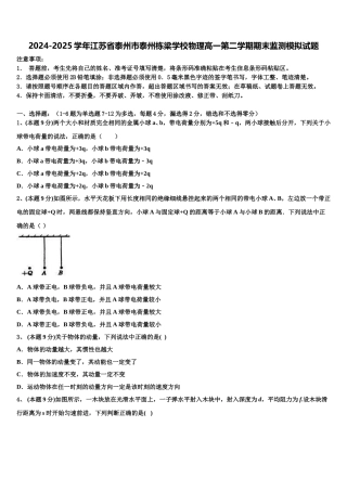2024-2025学年江苏省泰州市泰州栋梁学校物理高一第二学期期末监测模拟试题含解析