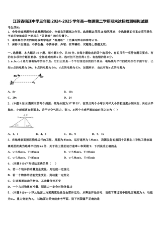 江苏省宿迁中学三年级2024-2025学年高一物理第二学期期末达标检测模拟试题含解析