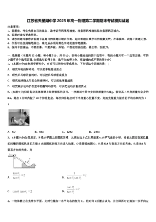 江苏省天星湖中学2025年高一物理第二学期期末考试模拟试题含解析