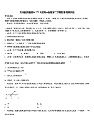 贵州省贵阳附中2025届高一物理第二学期期末调研试题含解析