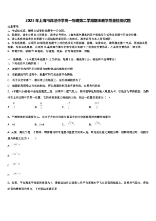 2025年上海市洋泾中学高一物理第二学期期末教学质量检测试题含解析