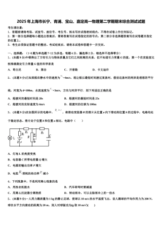 2025年上海市长宁、青浦、宝山、嘉定高一物理第二学期期末综合测试试题含解析