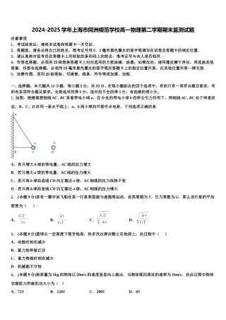 2024-2025学年上海市同洲模范学校高一物理第二学期期末监测试题含解析