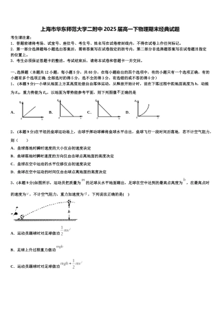 上海市华东师范大学二附中2025届高一下物理期末经典试题含解析