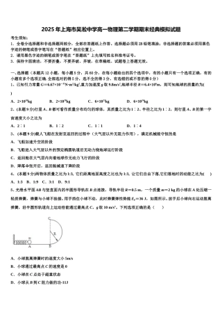2025年上海市吴淞中学高一物理第二学期期末经典模拟试题含解析