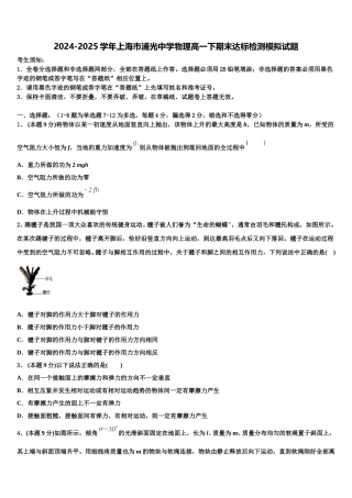 2024-2025学年上海市浦光中学物理高一下期末达标检测模拟试题含解析