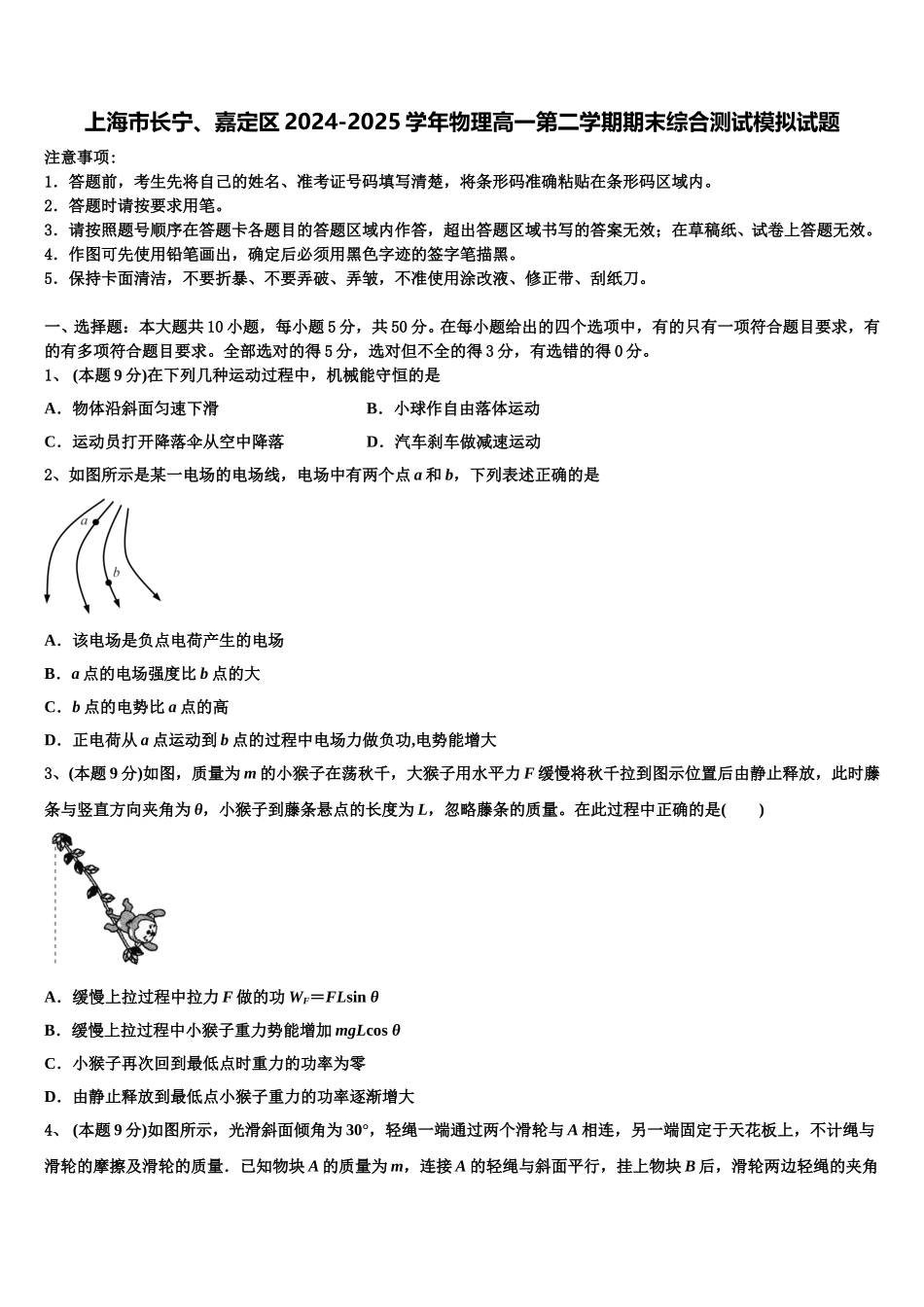上海市长宁、嘉定区2024-2025学年物理高一第二学期期末综合测试模拟试题含解析_第1页