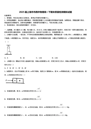 2025届上海市市西中物理高一下期末质量检测模拟试题含解析