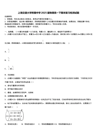 上海交通大学附属中学2025届物理高一下期末复习检测试题含解析