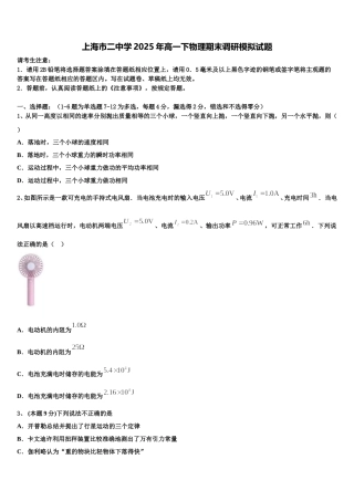 上海市二中学2025年高一下物理期末调研模拟试题含解析