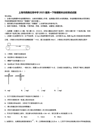 上海市西南位育中学2025届高一下物理期末达标测试试题含解析