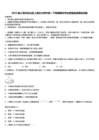 2025届上海市宝山区上海交大附中高一下物理期末学业质量监测模拟试题含解析