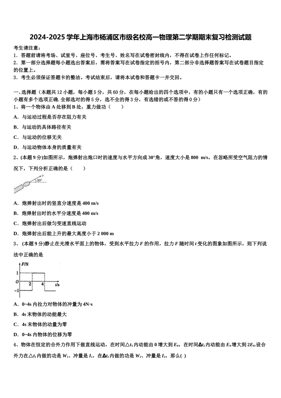 2024-2025学年上海市杨浦区市级名校高一物理第二学期期末复习检测试题含解析_第1页