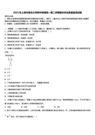 2025年上海市复旦大学附中物理高一第二学期期末学业质量监测试题含解析