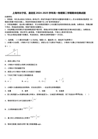 上海市长宁区、嘉定区2024-2025学年高一物理第二学期期末经典试题含解析