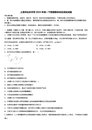 上海市比乐中学2025年高一下物理期末综合测试试题含解析