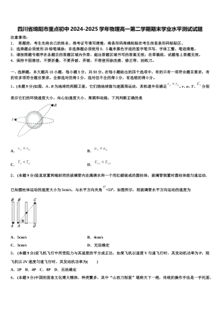 四川省绵阳市重点初中2024-2025学年物理高一第二学期期末学业水平测试试题含解析