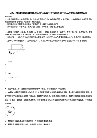 2025年四川省眉山市东坡区多悦高级中学校物理高一第二学期期末经典试题含解析