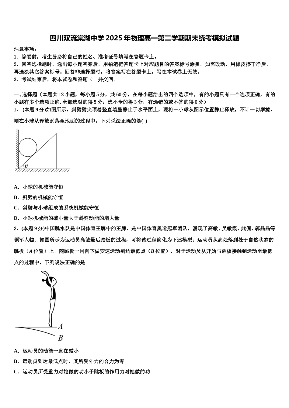 四川双流棠湖中学2025年物理高一第二学期期末统考模拟试题含解析_第1页