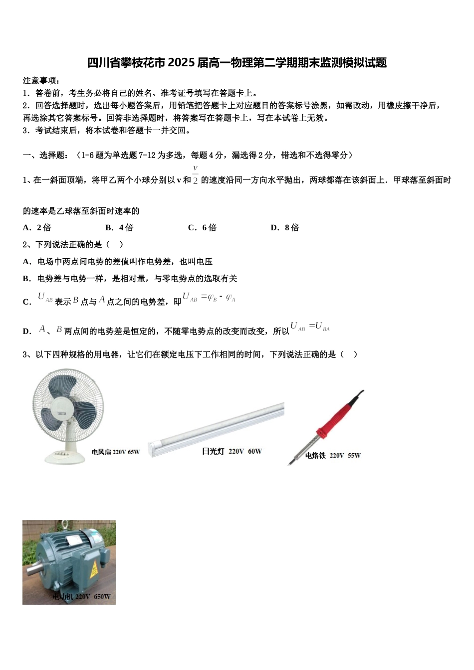 四川省攀枝花市2025届高一物理第二学期期末监测模拟试题含解析_第1页