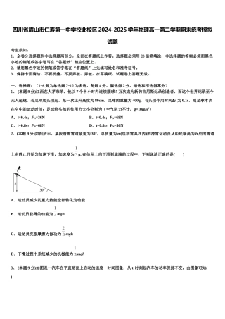四川省眉山市仁寿第一中学校北校区2024-2025学年物理高一第二学期期末统考模拟试题含解析