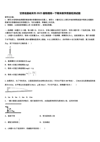 甘肃省嘉峪关市2025届物理高一下期末教学质量检测试题含解析