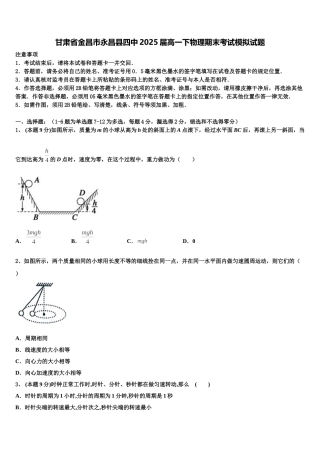 甘肃省金昌市永昌县四中2025届高一下物理期末考试模拟试题含解析